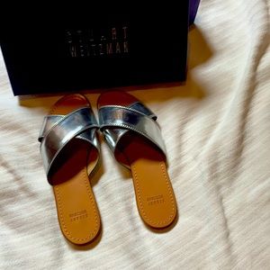 NWT Stuart Weitzman silver leather upper/lining/sole  mirror slides size 8